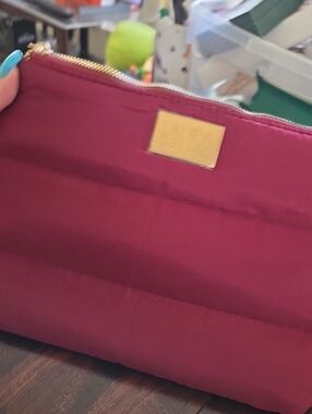 Laura Geller Quilted Magenta Cosmetic Pouch with Gold-Tone Plate